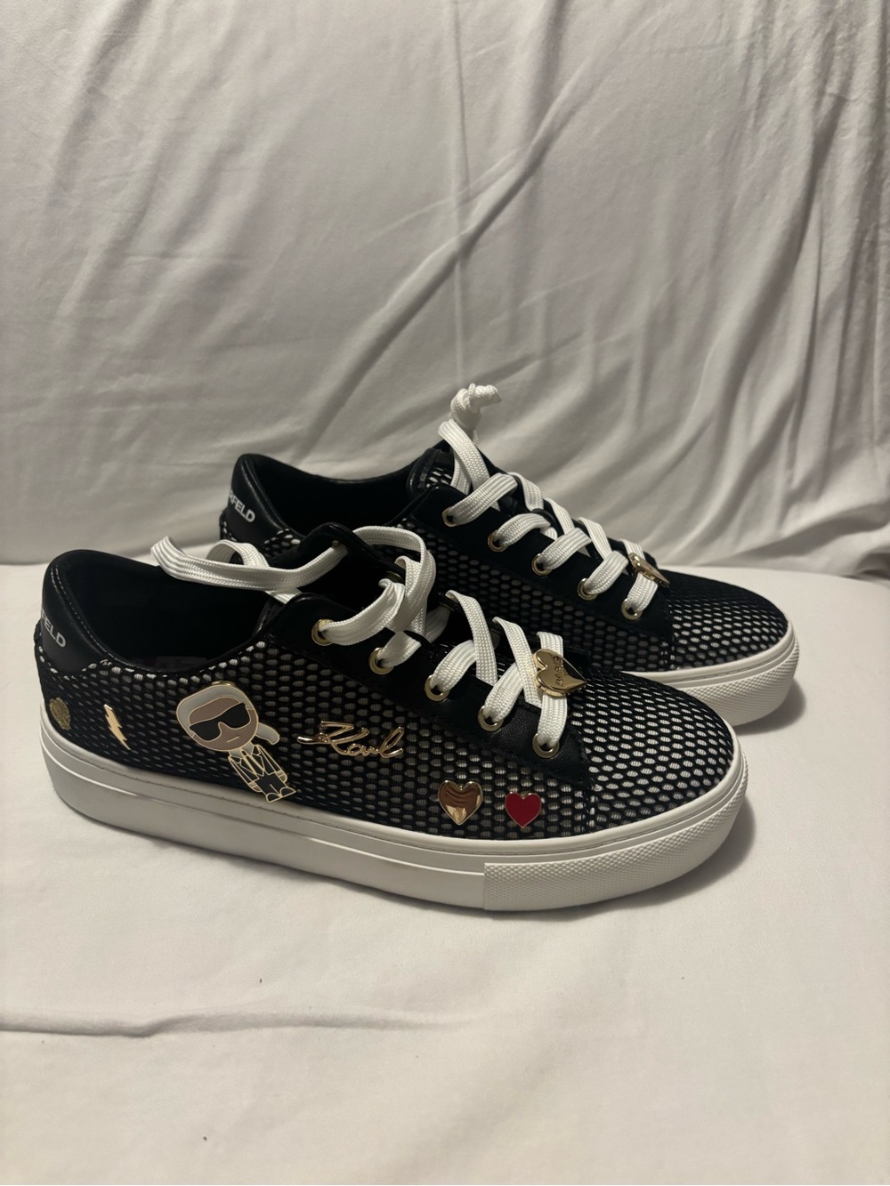 Karl Lagerfeld Black Mesh Sneakers with White Laces and Gold Accents